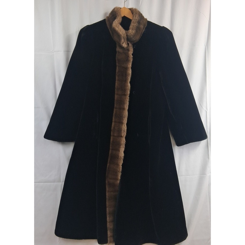 Vintage Black‎ Velvet Faux Fur Trim Coat Career Originals Size 36